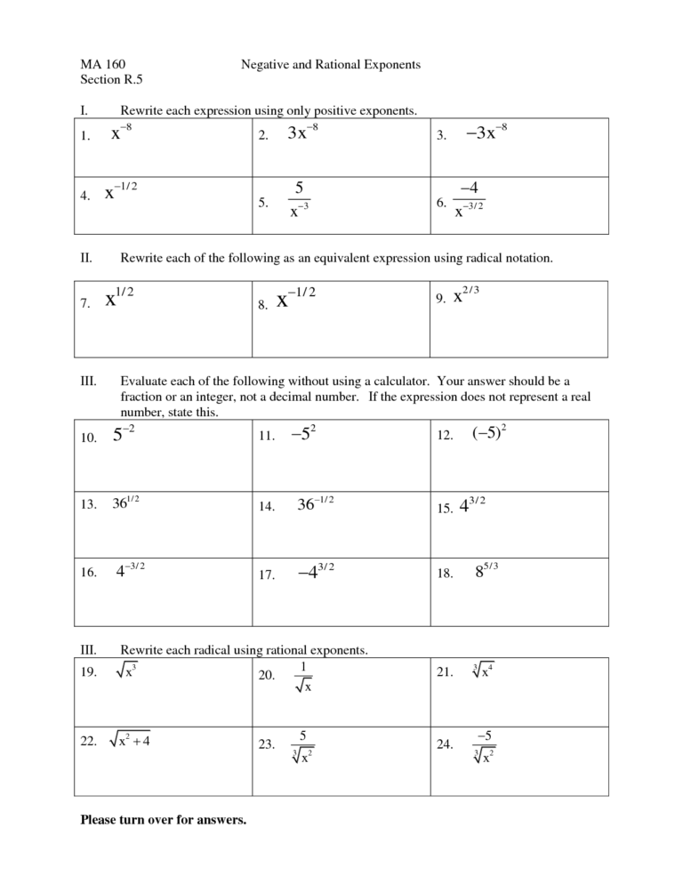 Exponents Worksheet With Fractional And Decimal Bases ...