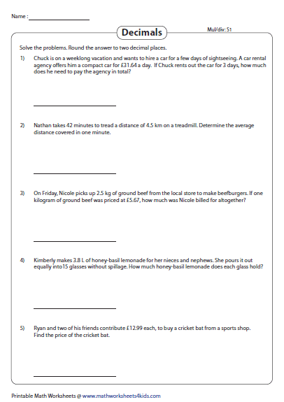 15 Decimal Multiplication Word Problems Math Worksheets