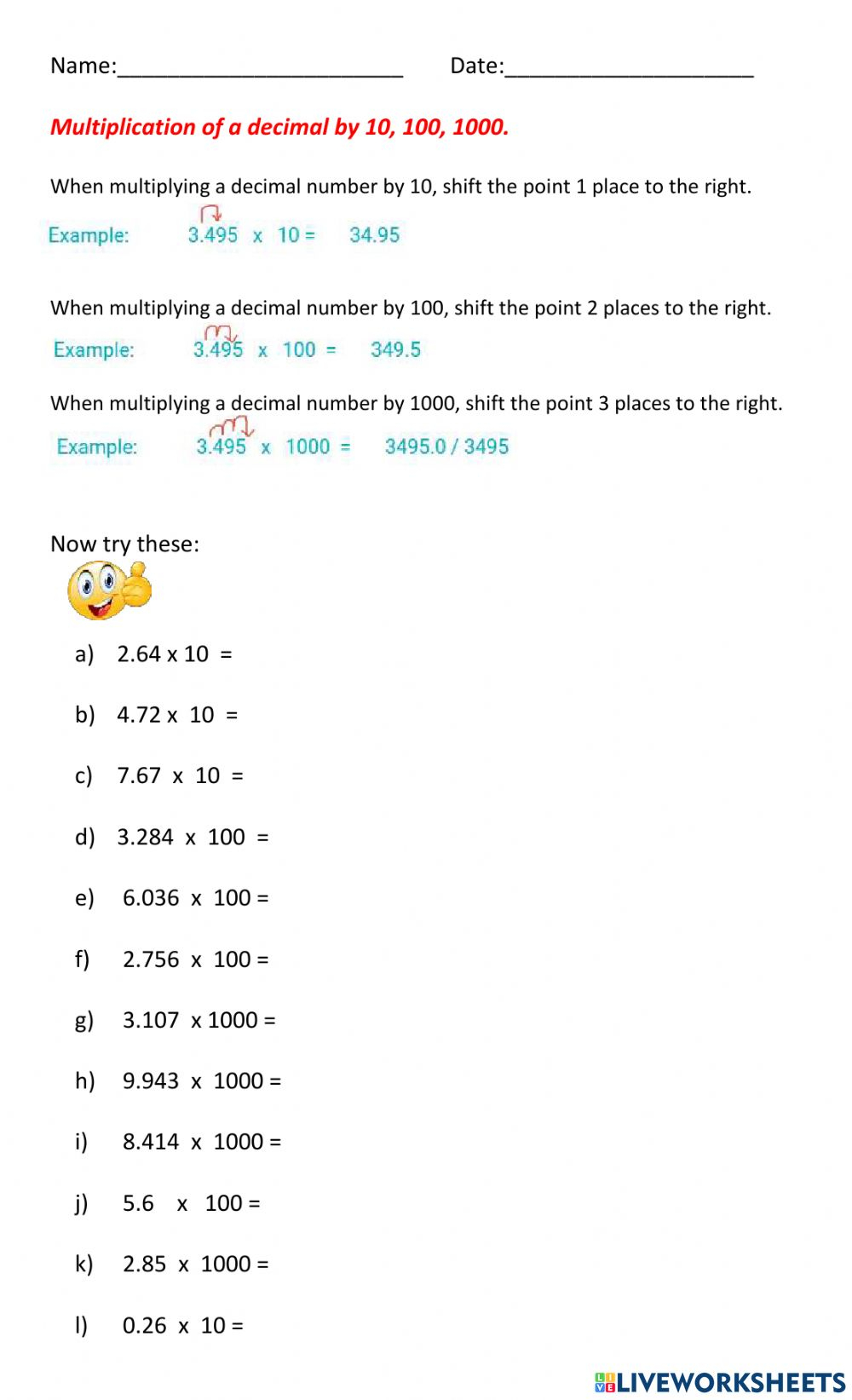 41 Multiplying Decimals By 10 100 And 1000 Worksheet Free Learning 