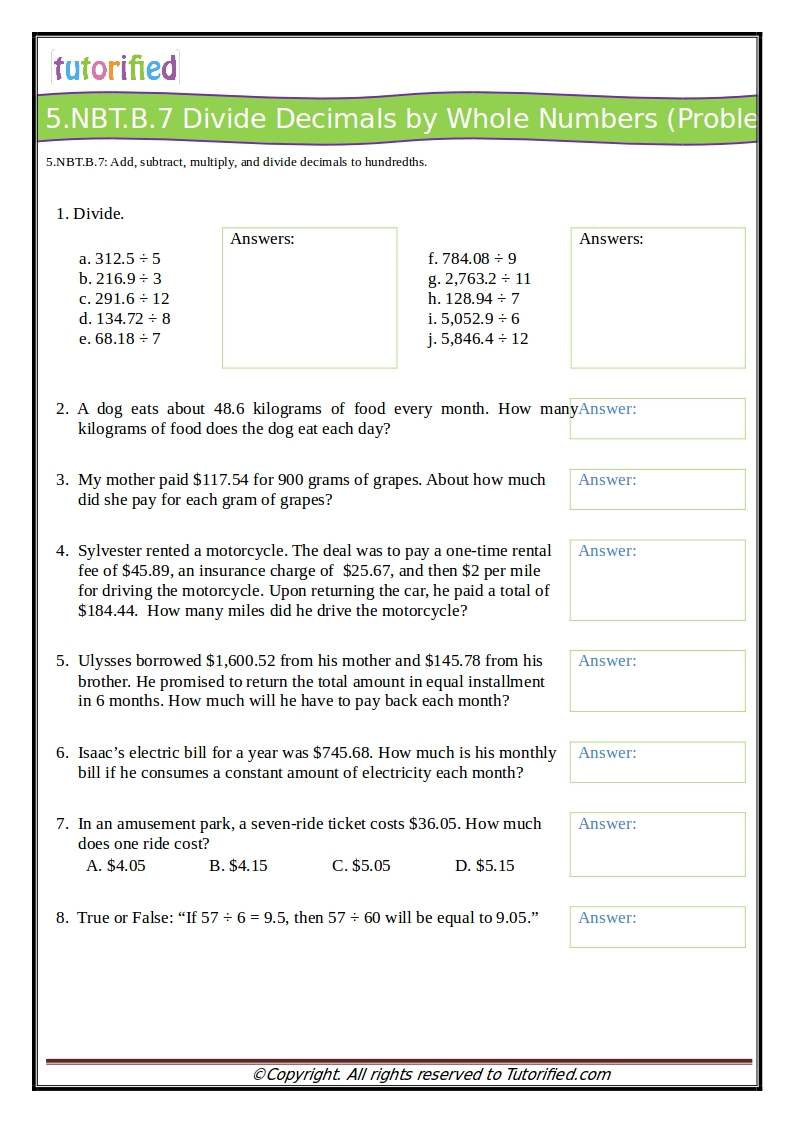 5th Grade Common Core Math Worksheets