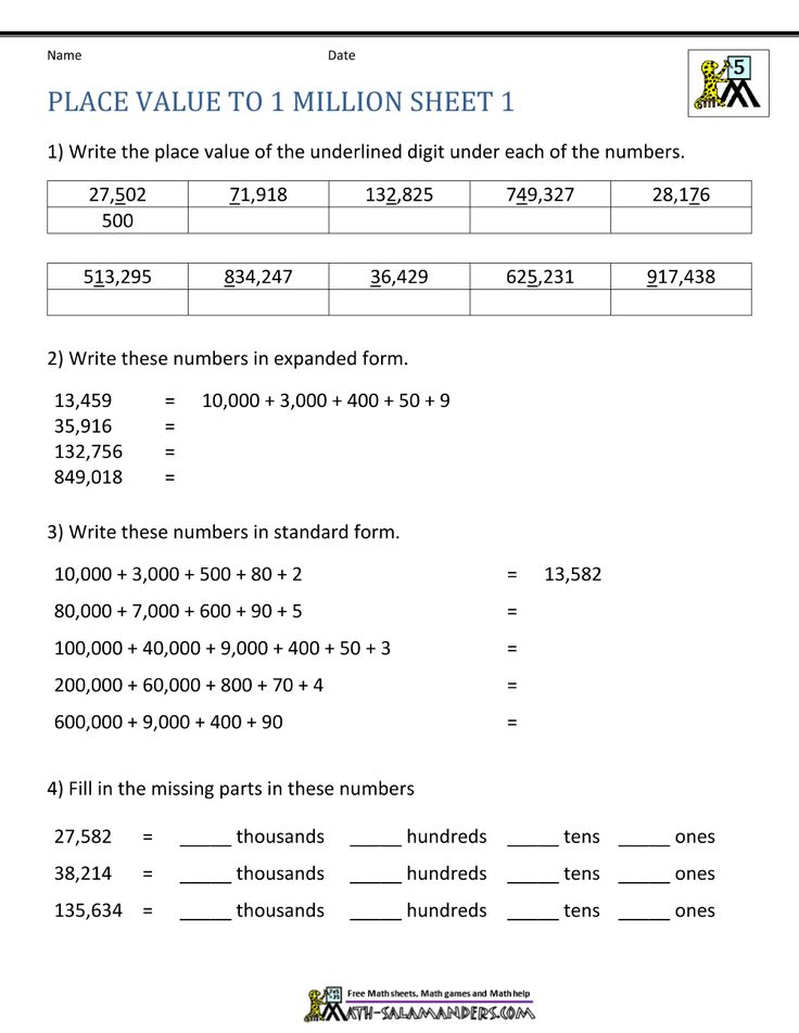 5th Grade Math Worksheets Place Value To 1 Million 1 Place Value 