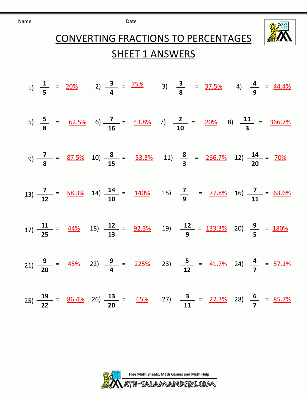 6 Percent To Fraction Worksheets Samples