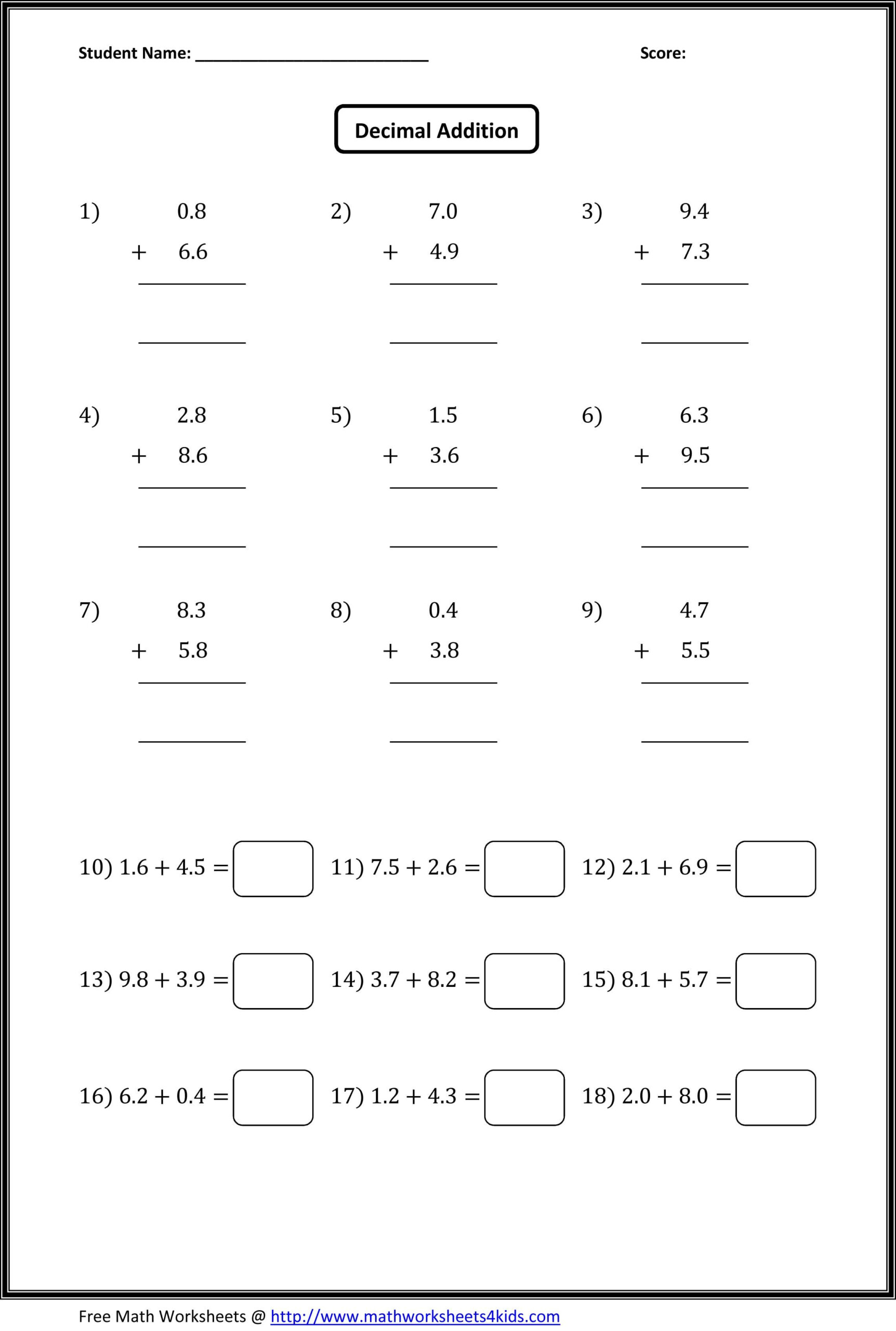 Add And Subtract Decimals Printable Worksheets Learning How To Read