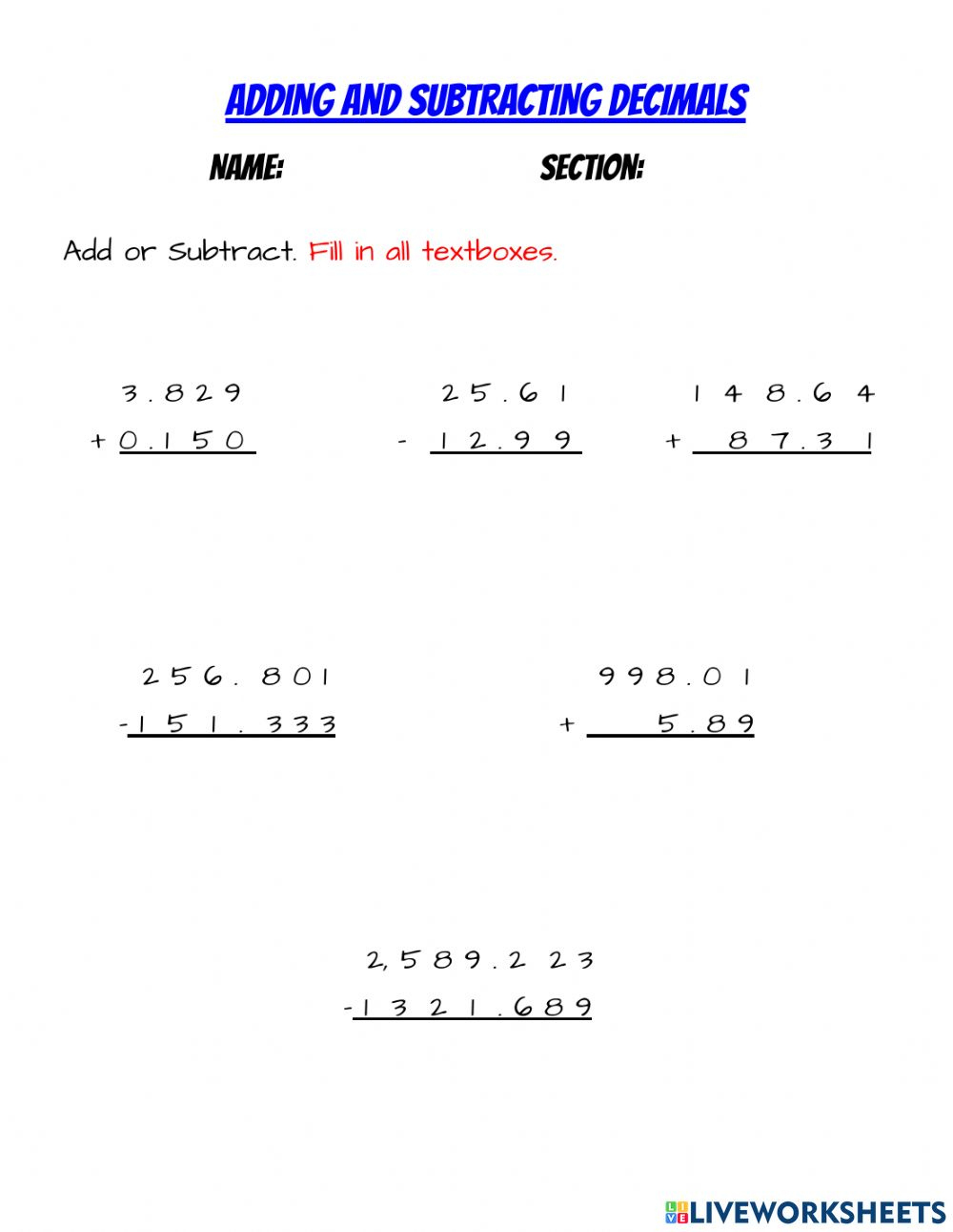 Adding And Subtracting Decimals Activity For 5th Grade