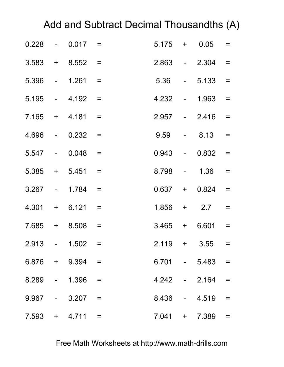 Adding And Subtracting Decimals Worksheets 6th Grade In 2020 With