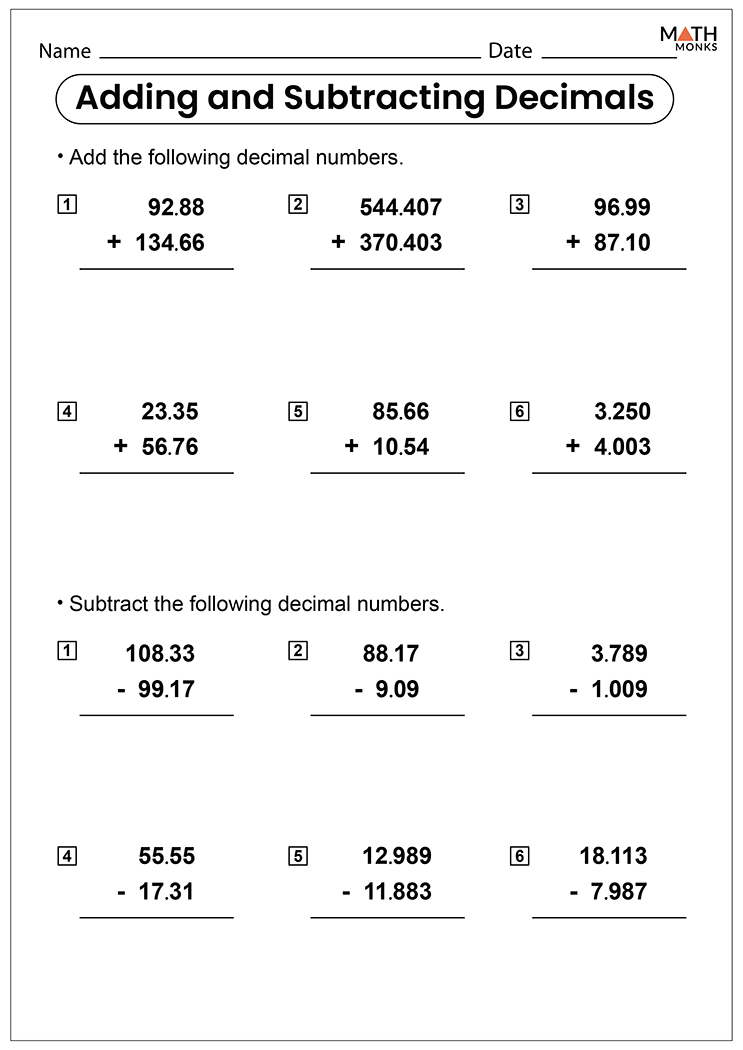 Adding And Subtracting Decimals Worksheets Math Monks