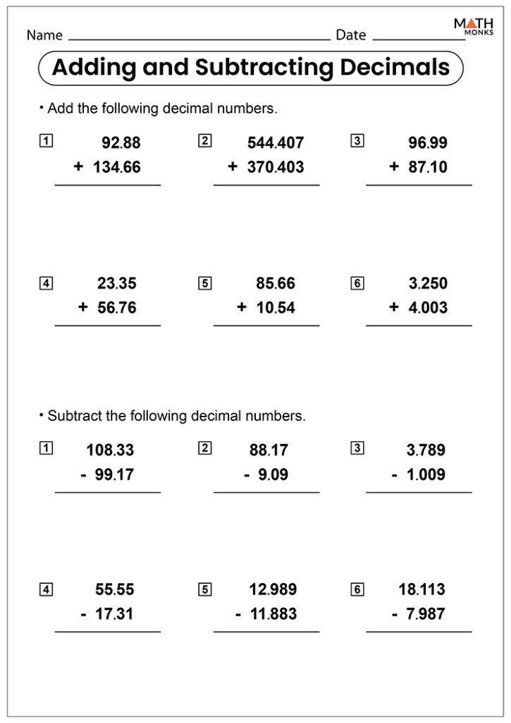 Adding And Subtracting Decimals Worksheets Math Monks