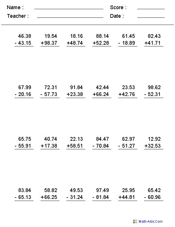 Adding And Subtracting Decimals Worksheets Pdf 4th Grade Thekidsworksheet