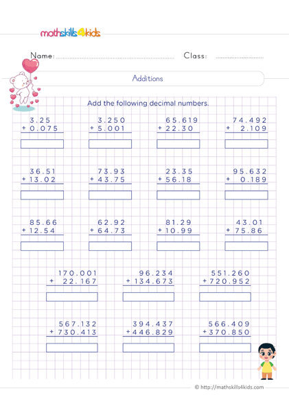 Adding And Subtracting Decimals Worksheets PDF For 6th Grade Math