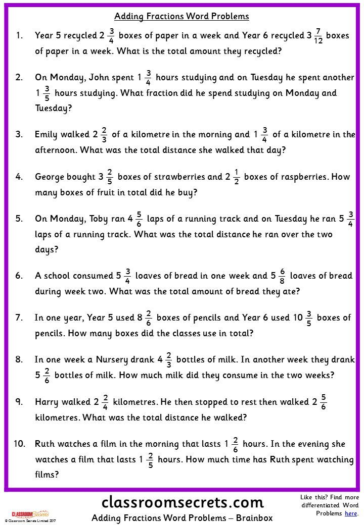 Adding Fractions Word Problems Classroom Secrets Fraction Word 