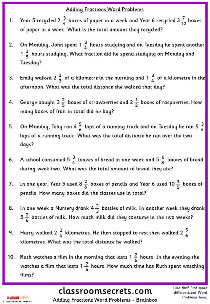 Adding Fractions Word Problems Classroom Secrets Fraction Word 