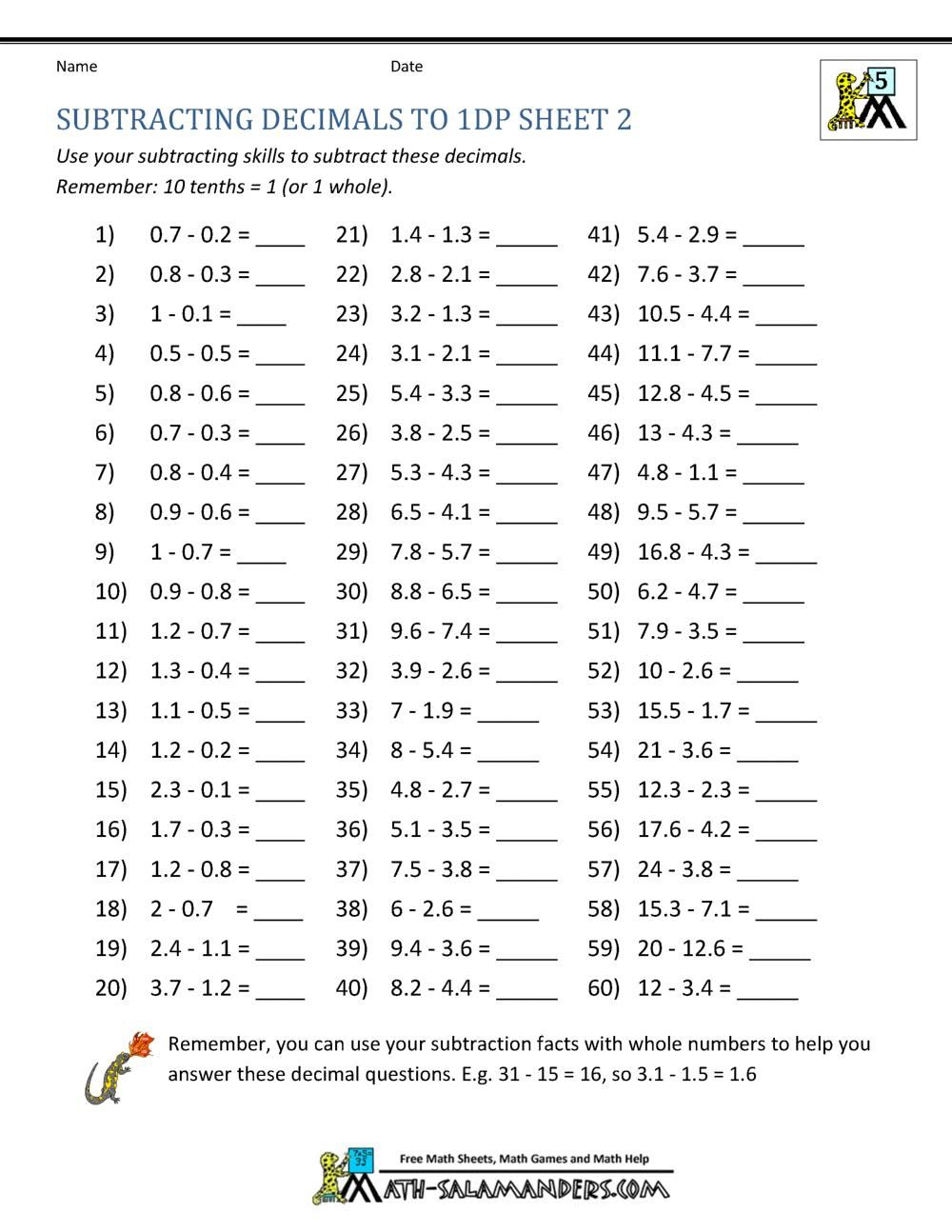 decimal addition and subtraction worksheets year 5