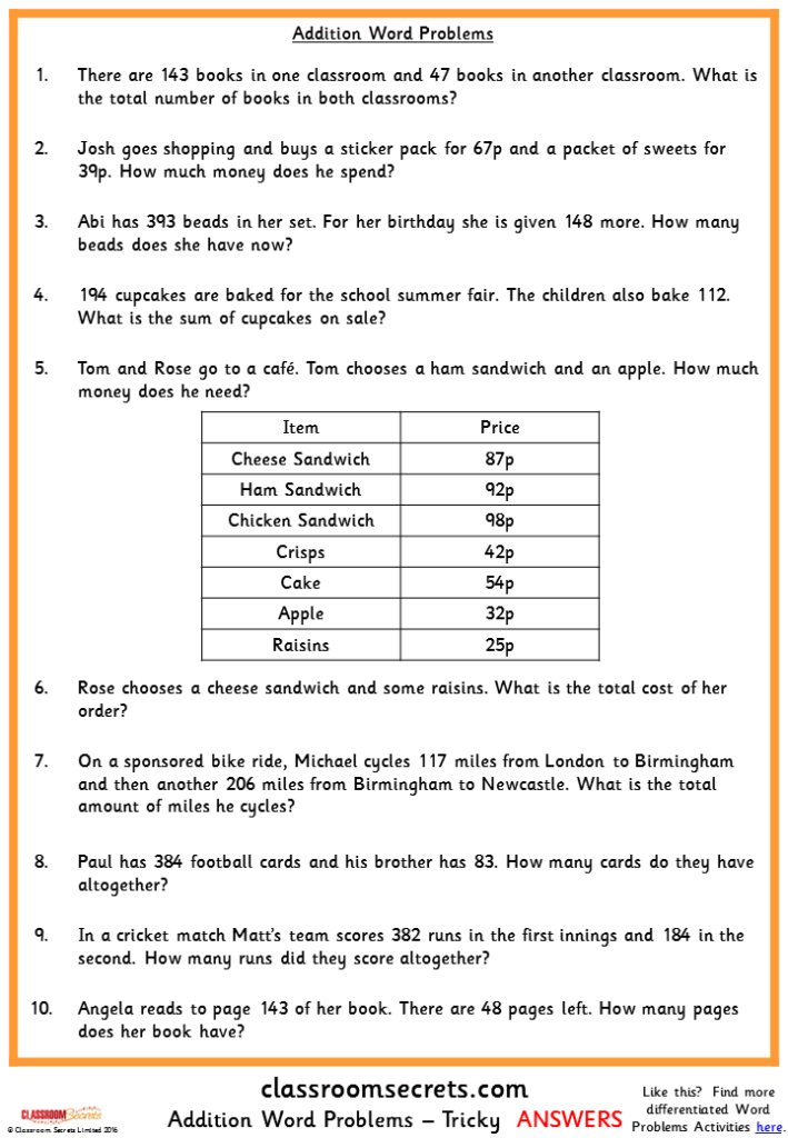 Addition Word Problems Classroom Secrets