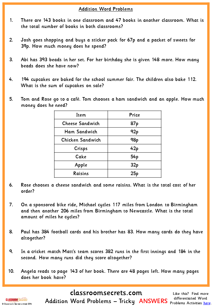 Addition Word Problems Classroom Secrets