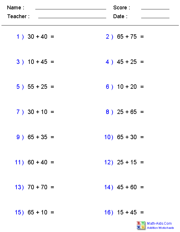 Addition Worksheets Dynamically Created Addition Worksheets