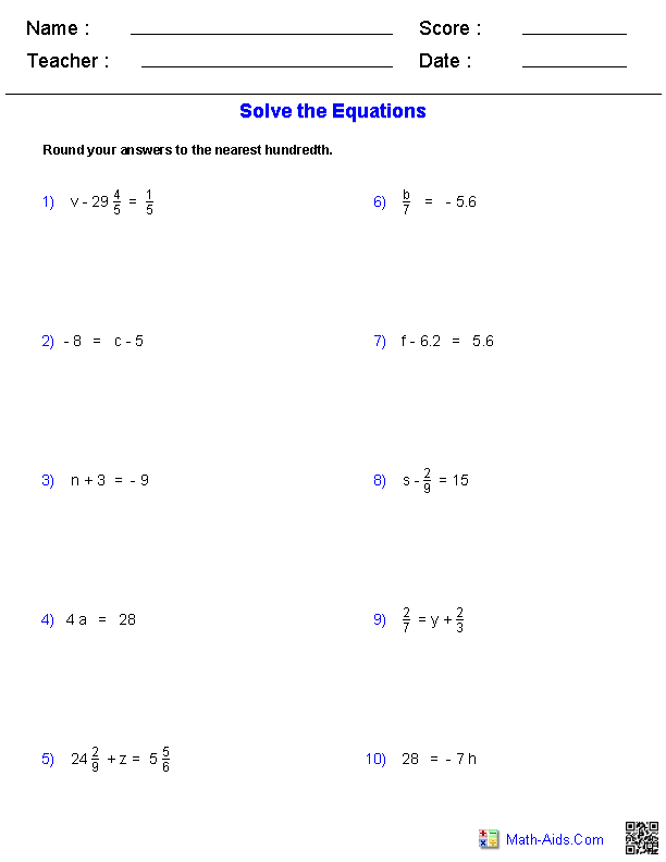 Algebra 1 Worksheets Equations Worksheets