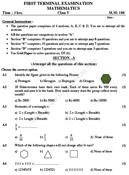 CBSE Class 5 Mathematics Sample Paper Set K Decimalworksheets