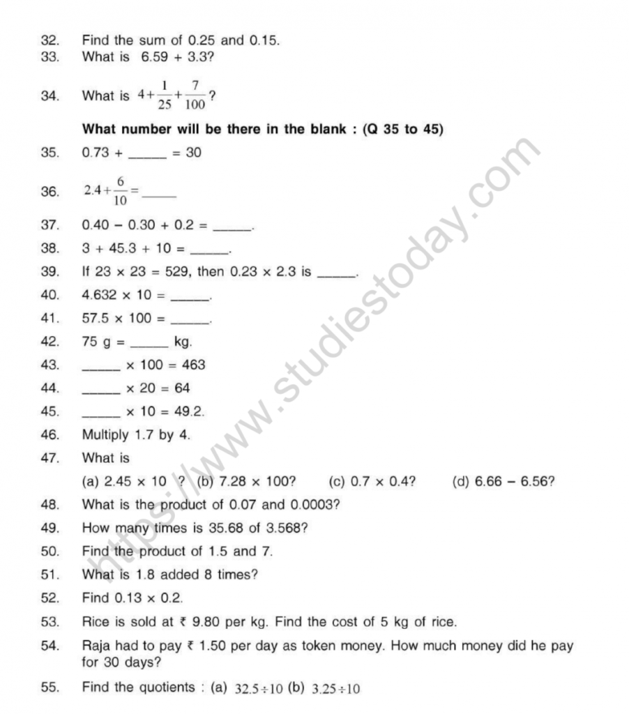 Class 5 Maths Decimals Worksheets With Answers