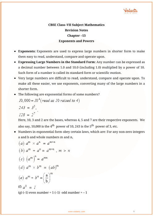 CBSE Class 7 Maths Chapter 13 Exponents And Powers Revision Notes