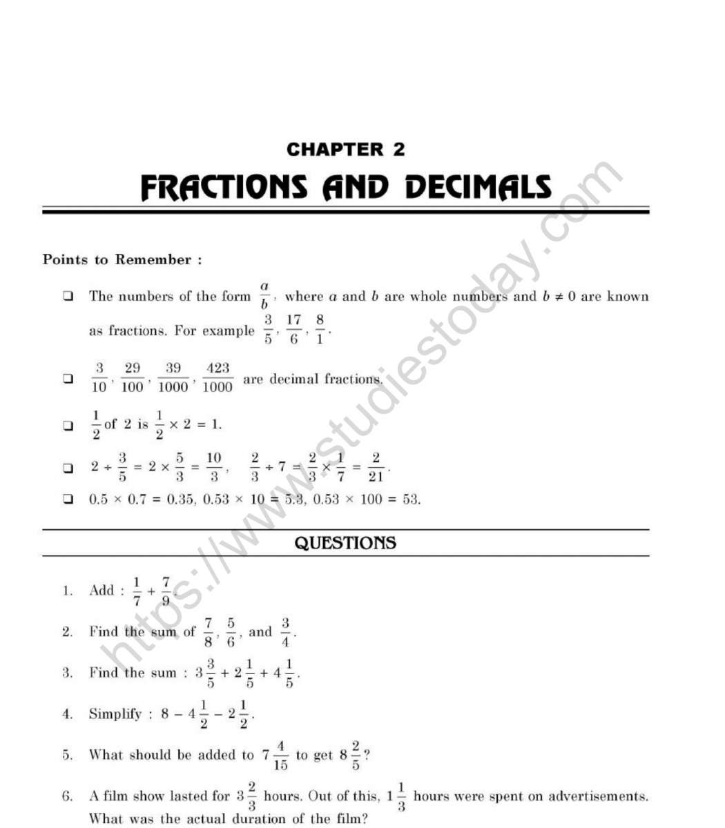 CBSE Class 7 Mental Maths Fractions And Decimals Worksheet