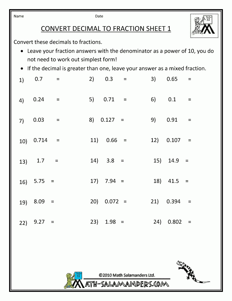 Changing Fractions To Decimals Worksheets 5th Grade Fractions To 