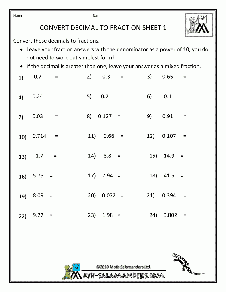 Changing Fractions To Decimals Worksheets 5th Grade