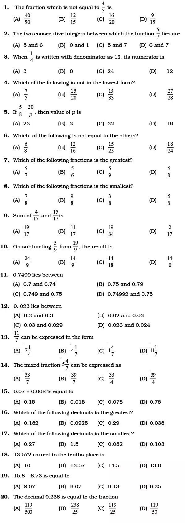 Class 6 Important Questions For Maths Fractions And Decimals 