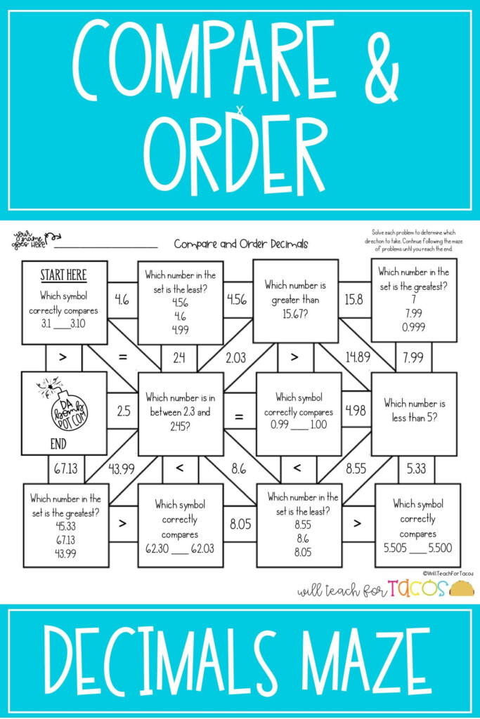 Compare And Order Decimals Maze 4 2F 5 2B Ordering Decimals Math 