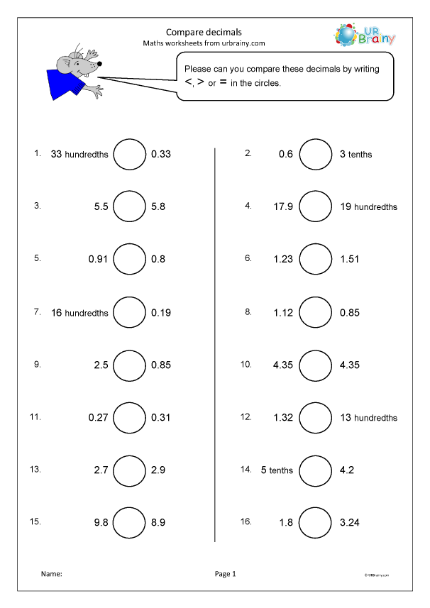 Compare Decimals 1 Fraction And Decimal Worksheets For Year 4 age