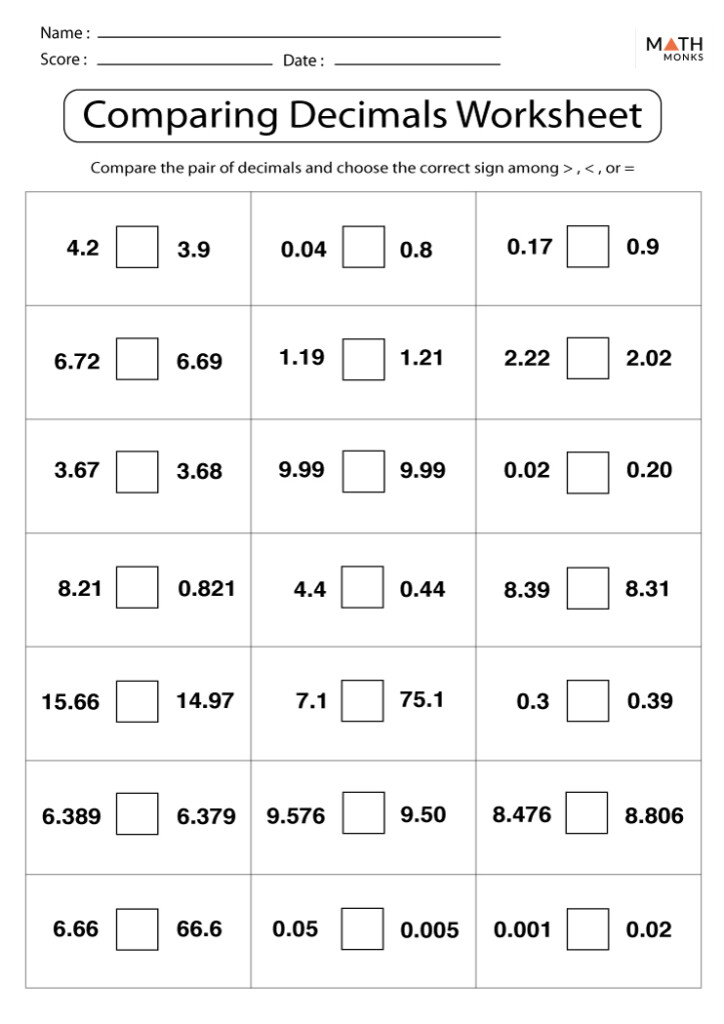 Comparing And Ordering Decimals Worksheets Math Monks