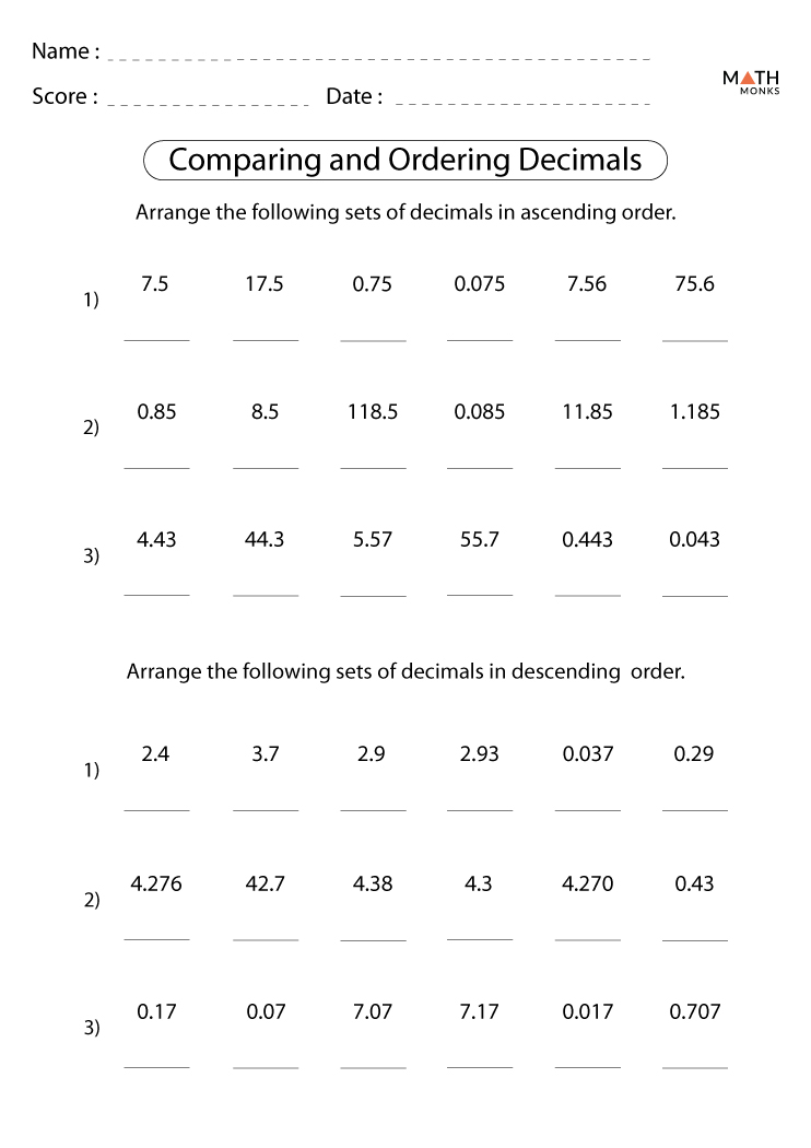 Comparing And Ordering Decimals Worksheets Math Monks