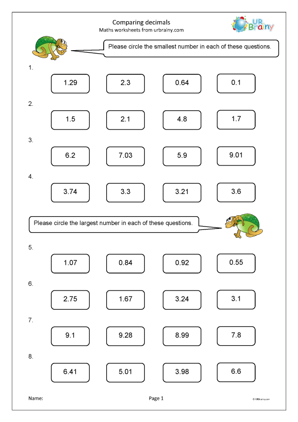 Comparing Decimals Fraction And Decimal Worksheets For Year 4 age 8 