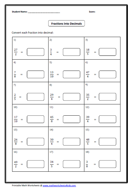 Convert Between Fraction Decimal And Percent Worksheets