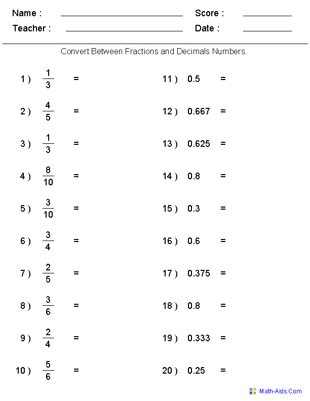 Converting Between Fractions Decimals Worksheets Teacher Generated