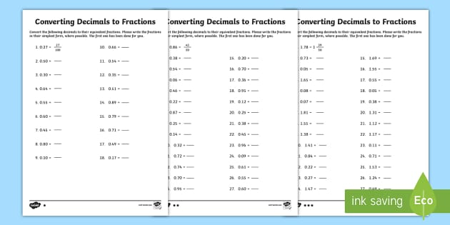 Converting Decimals To Fractions Worksheet Twinkl Twinkl