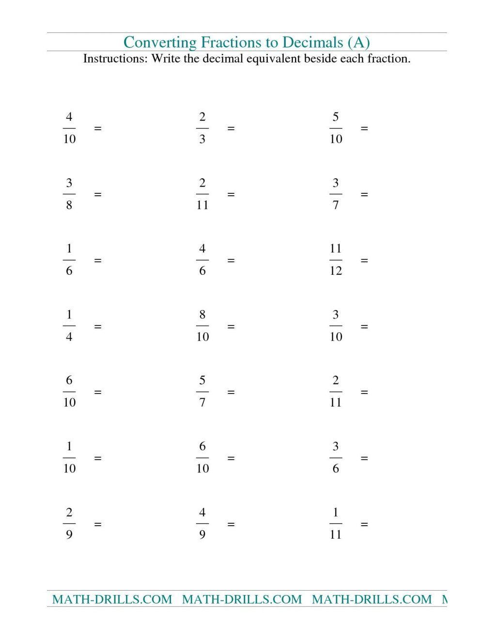 Converting Fractions Decimals And Percents Worksheets With Answers Pdf 