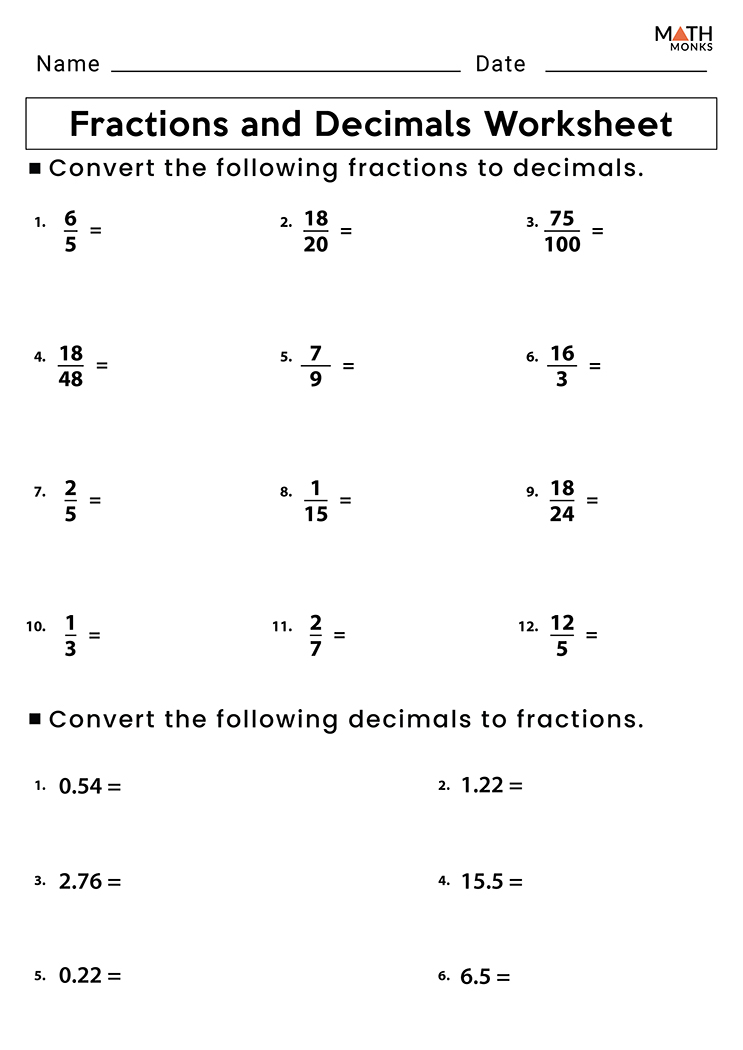 Converting Fractions To From Decimals Worksheets Math Monks