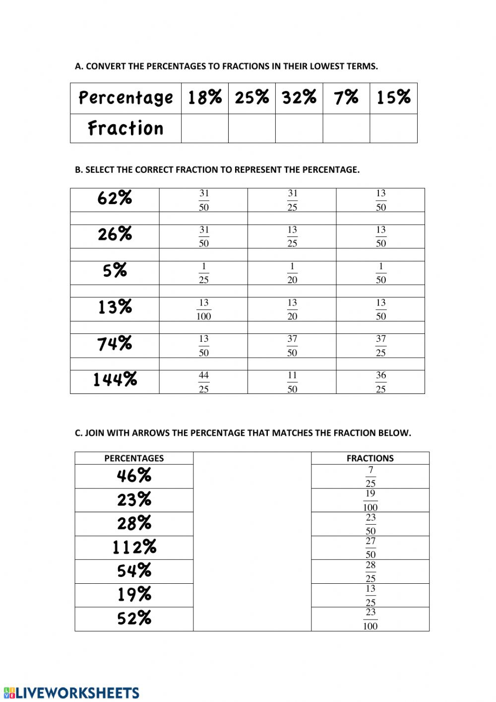 Converting Percentages To Fractions Worksheet