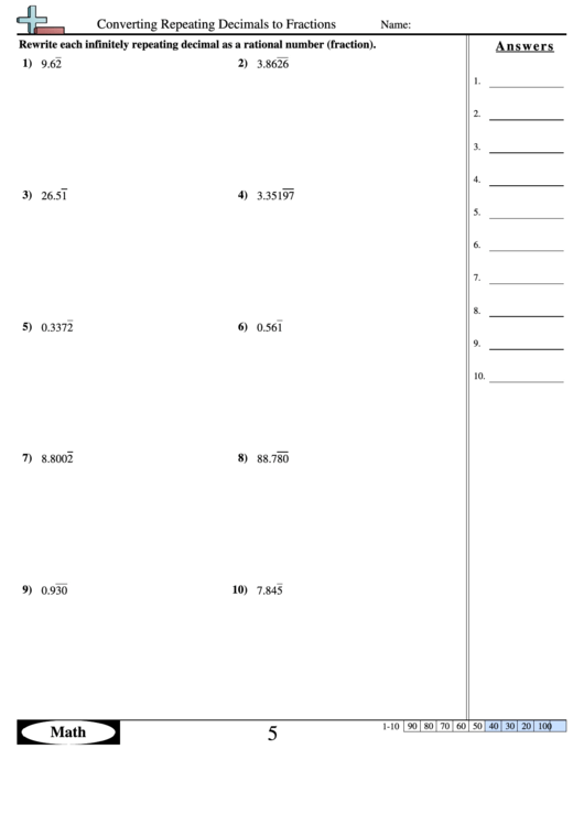 Converting Repeating Decimals To Fractions Worksheet With Answer Key 
