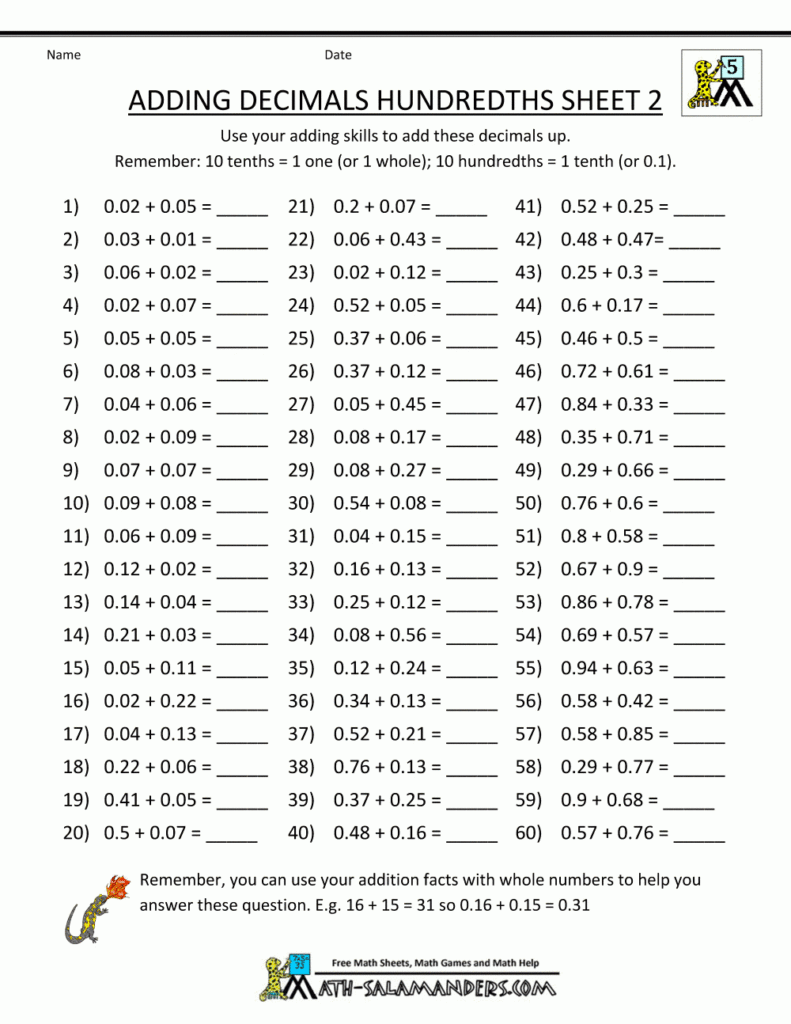 Decimal Math Worksheets Addition Db excel