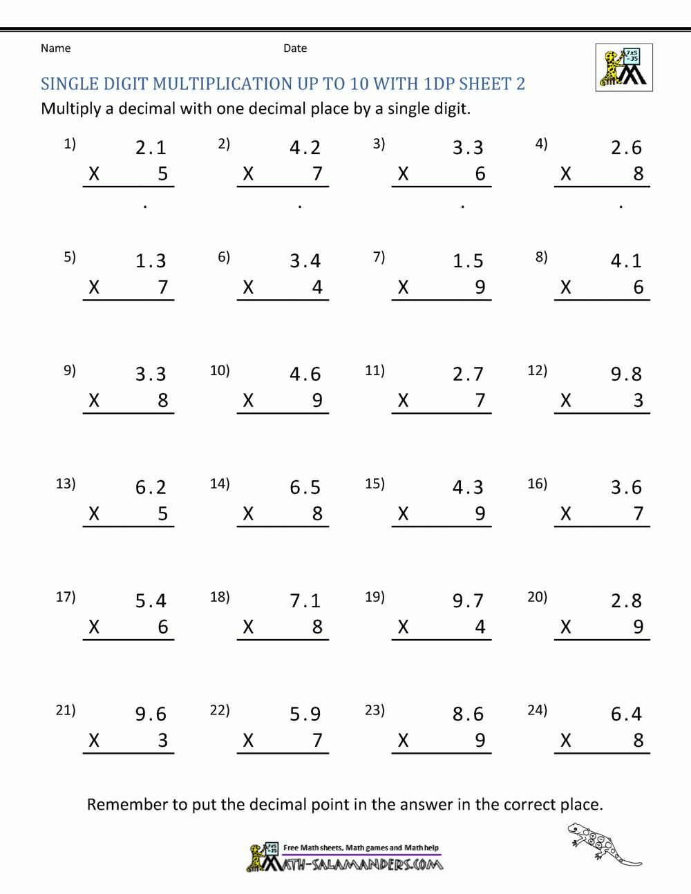 Decimal Multiplication Worksheets 5th Grade