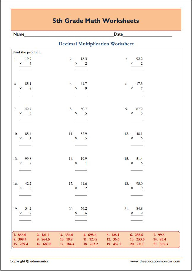 Decimal Multiplication Worksheets Grade 5 EduMonitor