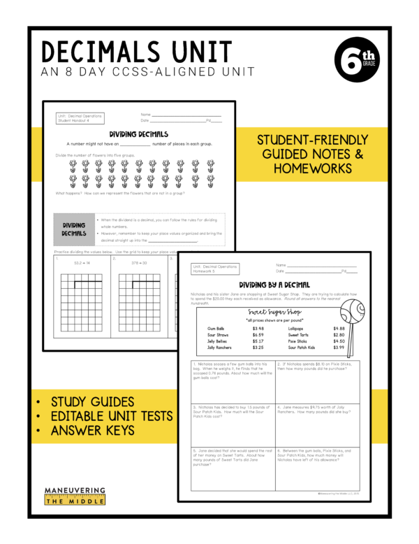 Decimal Operations Unit 6th Grade CCSS Maneuvering The Middle