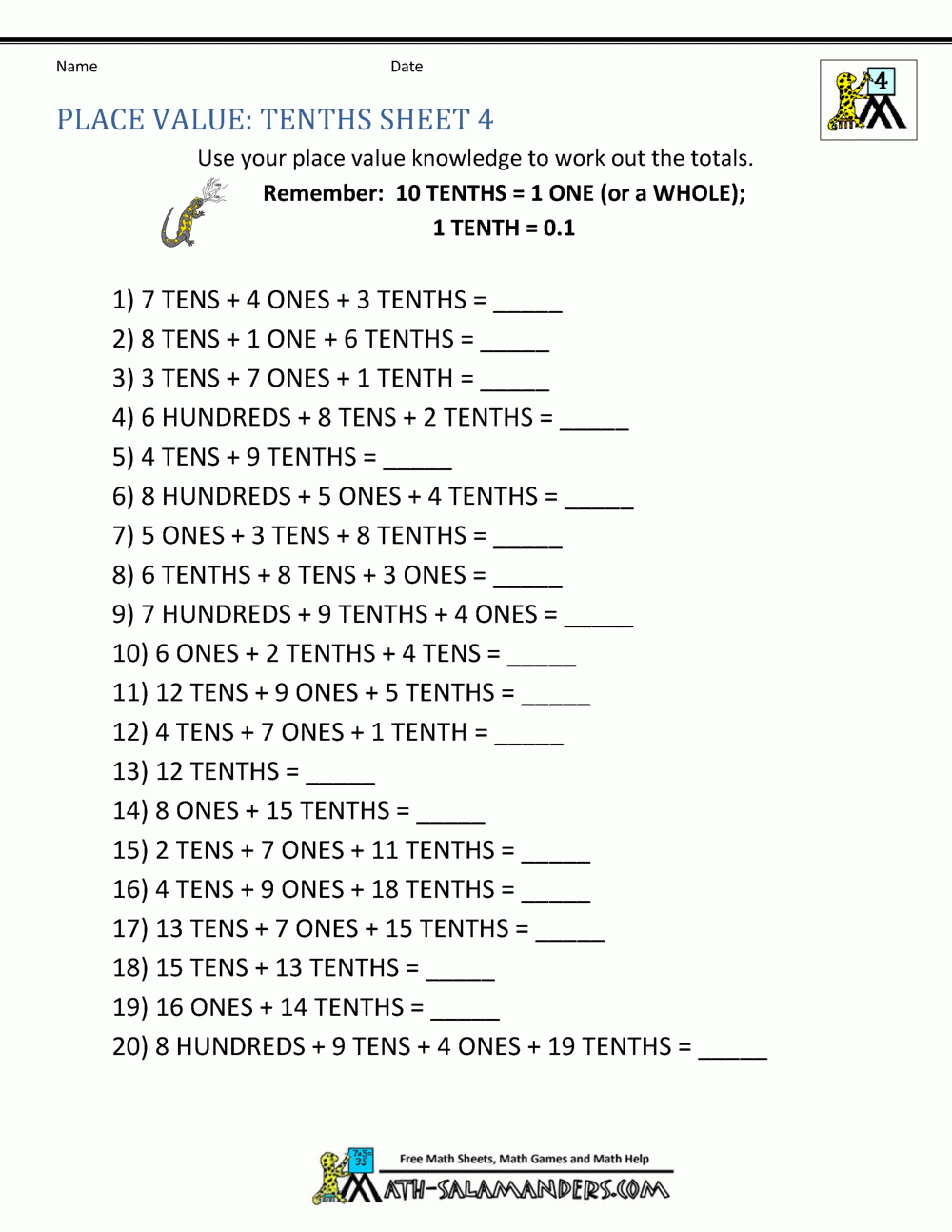 Decimal Place Value Worksheets 4th Grade - Decimalworksheets.net