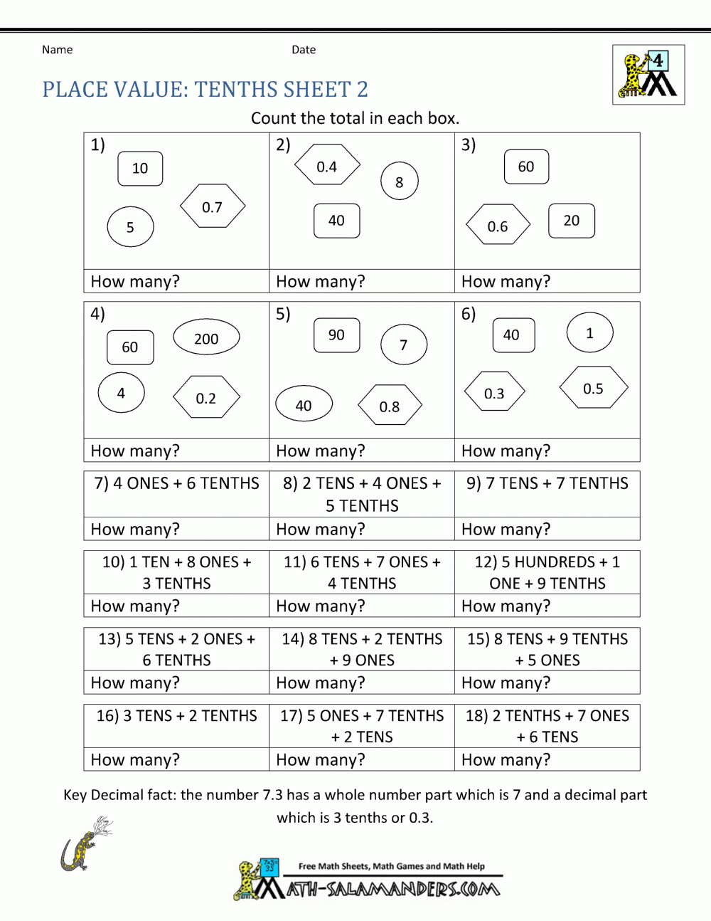 Decimal Place Value Worksheets 4th Grade