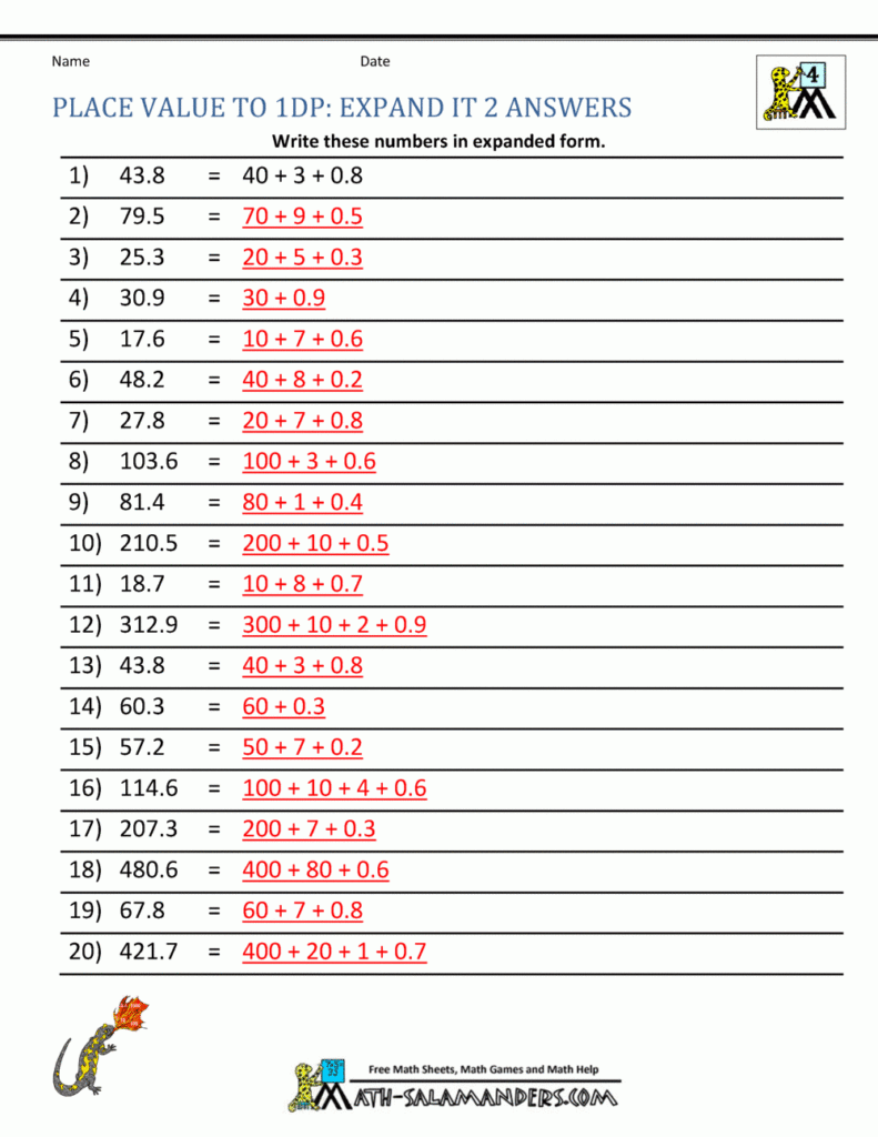 Decimal Place Value Worksheets 4th Grade