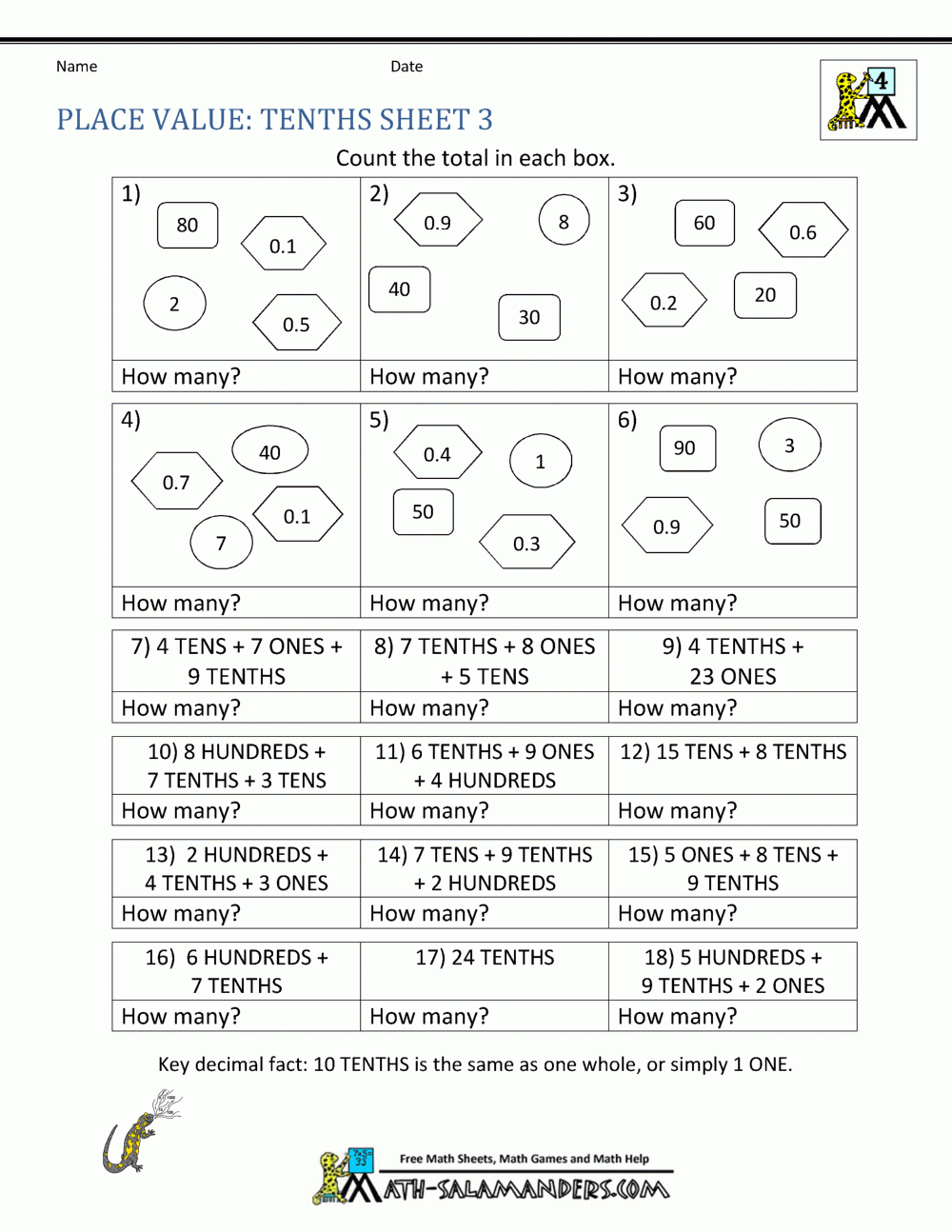 Decimal Place Value Worksheets 4th Grade