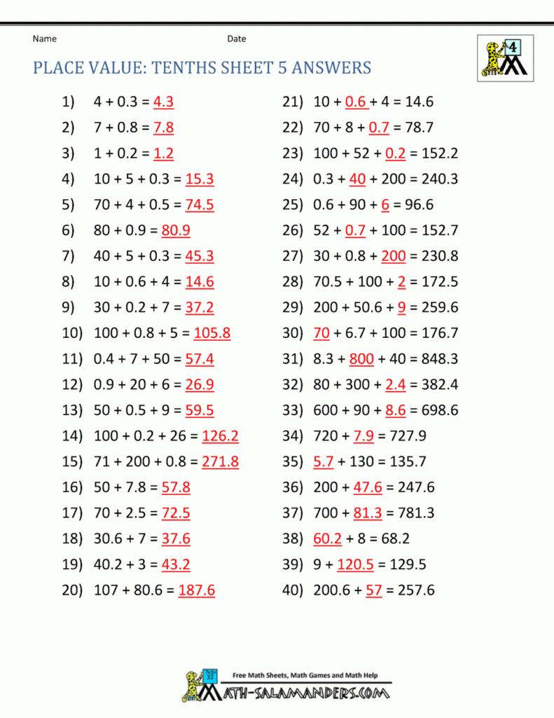 Decimal Place Value Worksheets 4th Grade Dewey Decimal Practice 