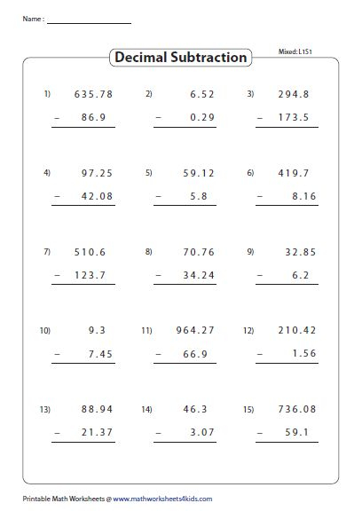 Decimal Subtraction Mixed Decimals Worksheets Subtraction