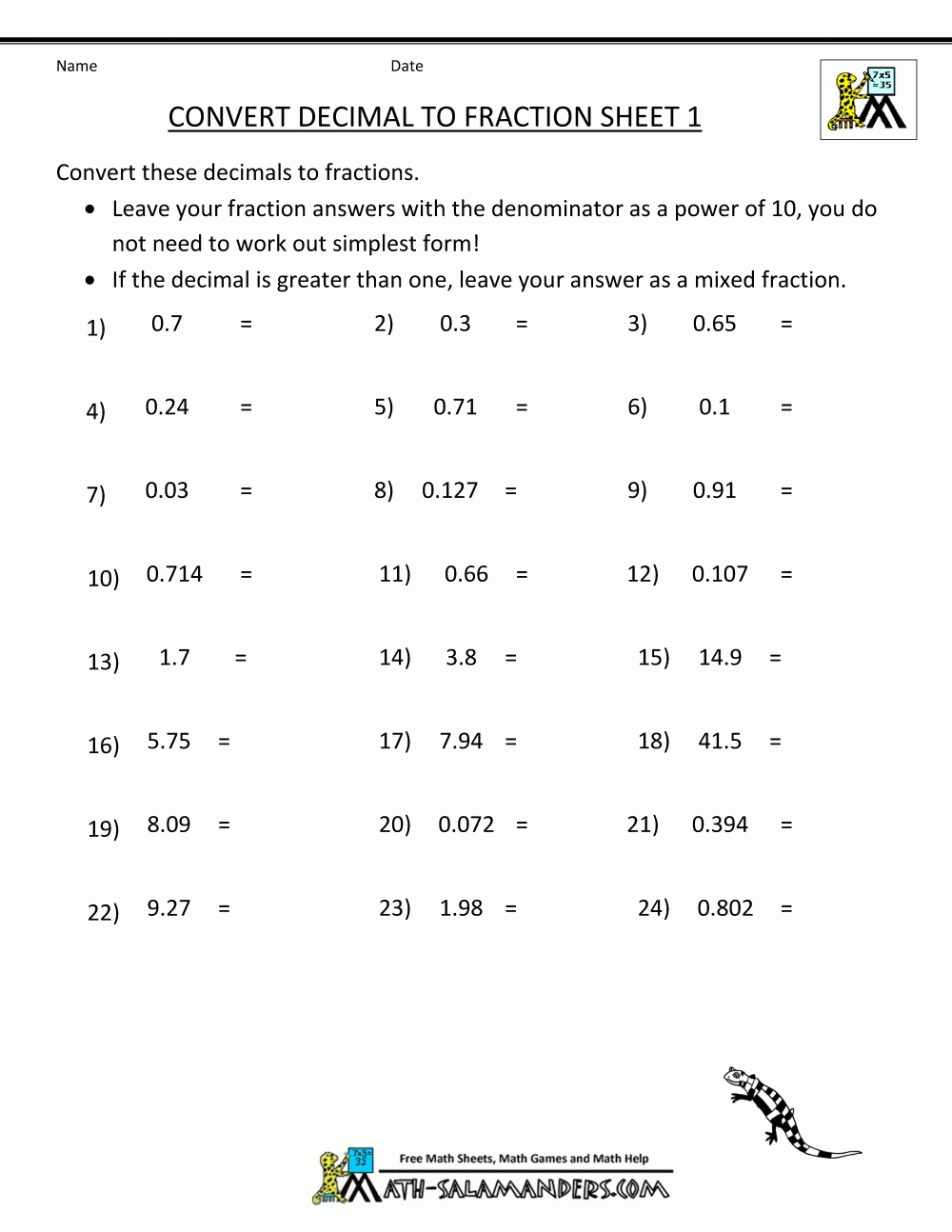 Decimal To Fraction Worksheets Fractions Worksheets Fractions Math